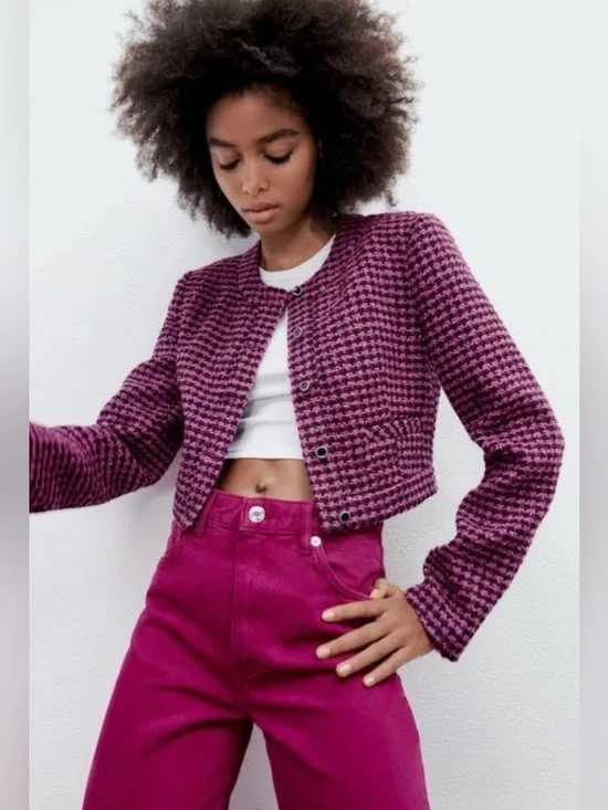 NWT ZARA Pink Houndstooth Cropped Fitted Tweed Jacket/ Blazer. Size M - Picture 6 of 14